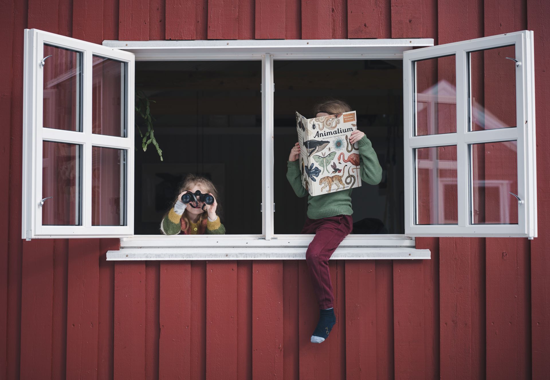 Bilde av nyskjerrige barn med kikkert og bok i en vinduskarm på en rød hytte.