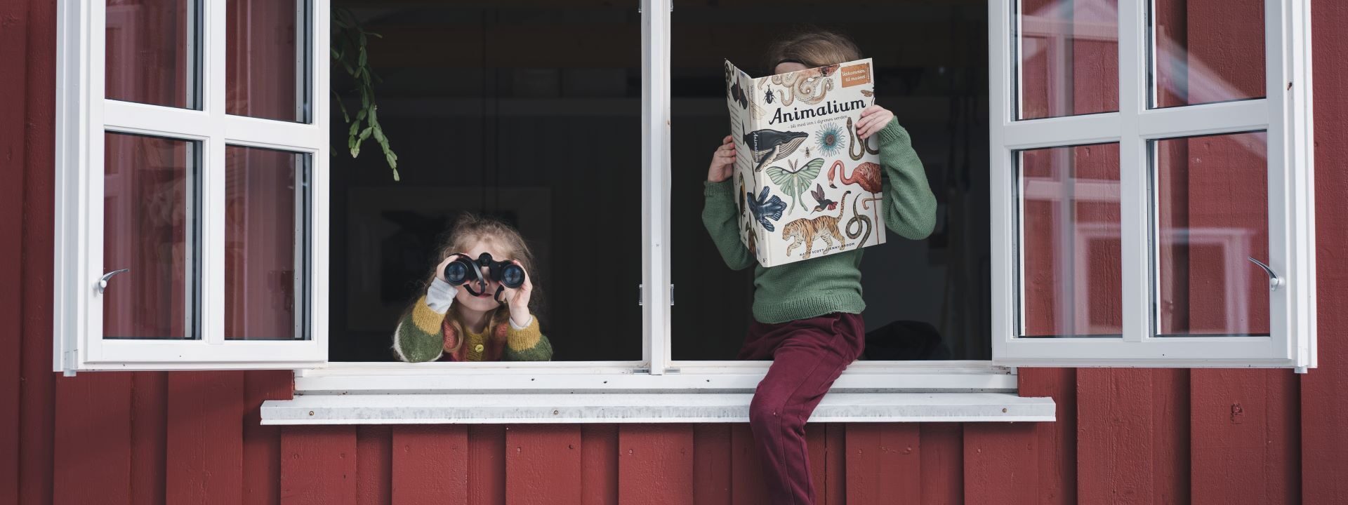 Bilde av nyskjerrige barn med kikkert og bok i en vinduskarm på en rød hytte.