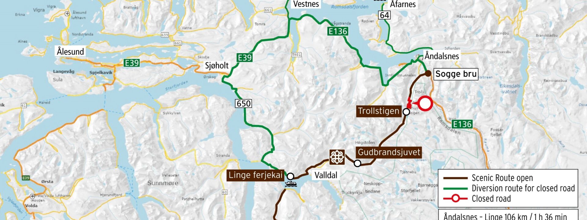 Illustration indicating the closed part of Trollstigen road, and rerouting alternatives.