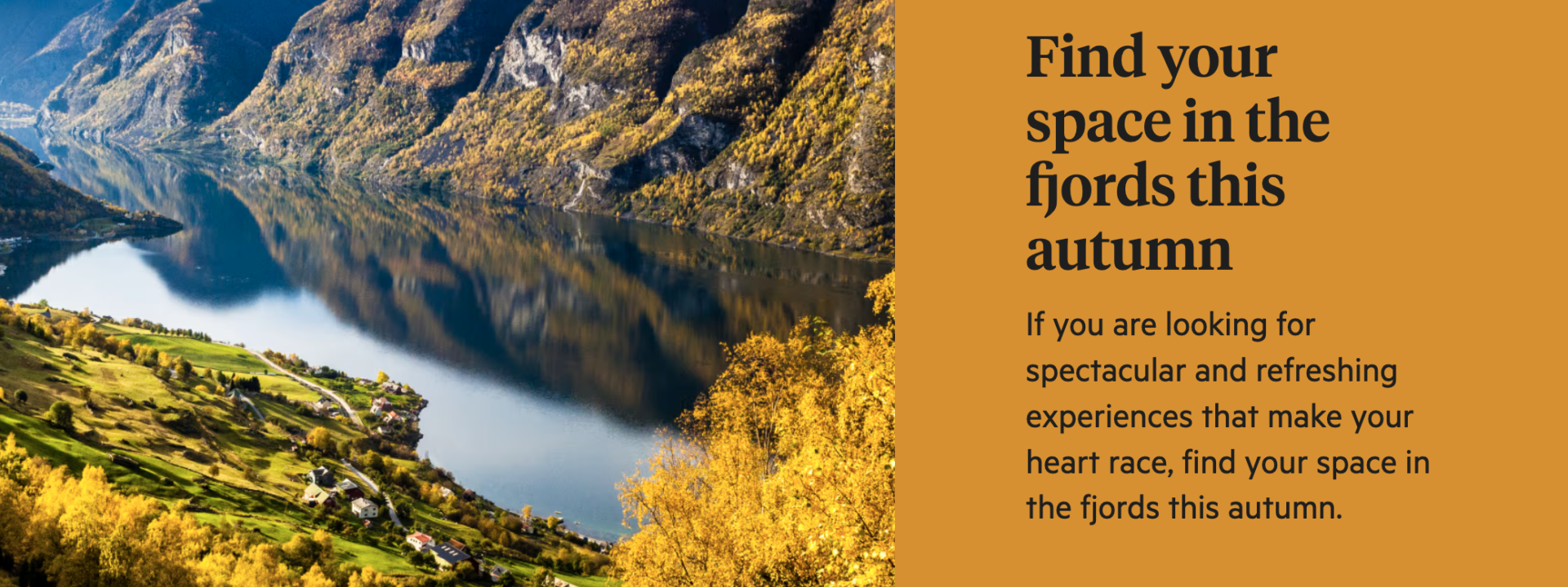 Skjermbilde landingsside "Find your space in the fjords autumn".